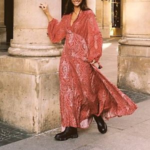 Free People Mirage Maxi Dress Ruby Red Paisley Floral Long Sleeve Tie Back 10